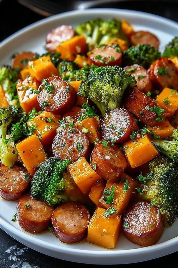 Honey Garlic Sheet Pan Sausage dish with colorful vegetables