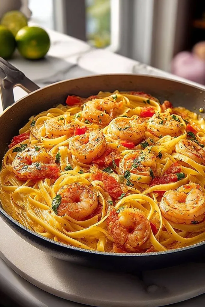 Delicious Jamaican Shrimp Pasta served in a creamy sauce with herbs