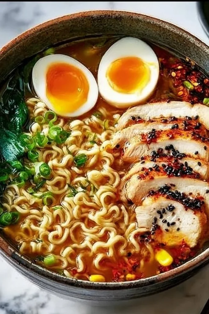 Delicious Japanese-style spicy chicken ramen topped with green onions and chili.