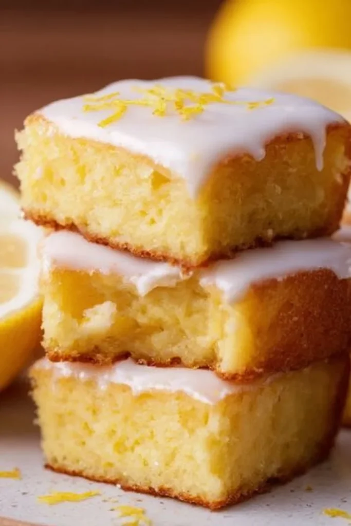 Freshly baked lemon brownies with a zesty glaze on top.