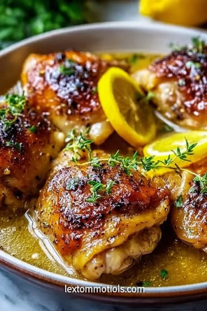 Crockpot Lemon Garlic Chicken Thighs served with fresh herbs