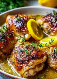 Crockpot Lemon Garlic Chicken Thighs served with fresh herbs