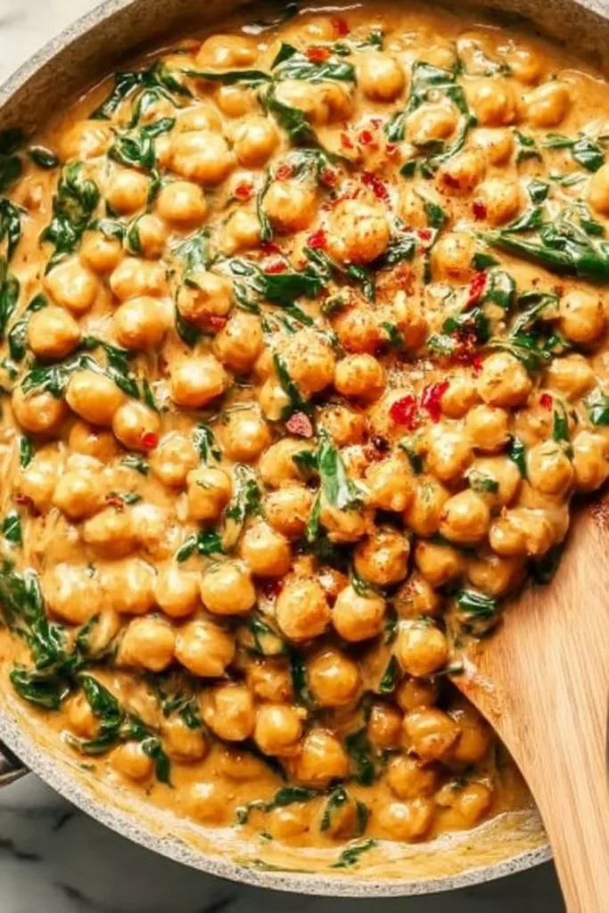 A vibrant plate of Marry Me Chickpeas garnished with fresh herbs and spices.