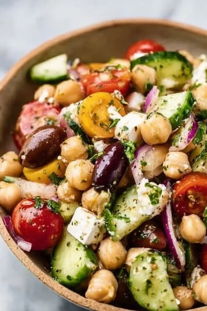 Mediterranean chickpea salad with fresh vegetables and herbs