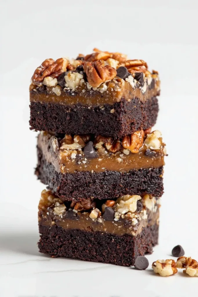 Delicious no bake turtle brownies, vegan and gluten-free dessert option.