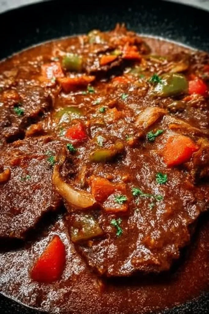 Delicious Old-Fashioned Swiss Steak served with vegetables and gravy