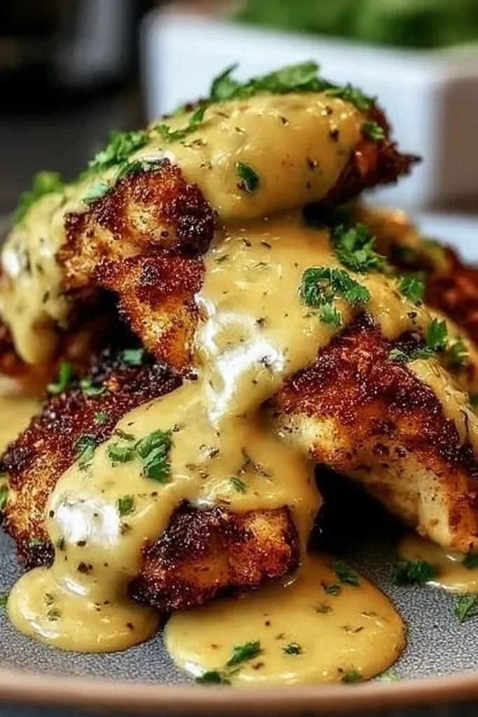 Plate of Pretzel Chicken drizzled with Mustard-Cheddar Sauce
