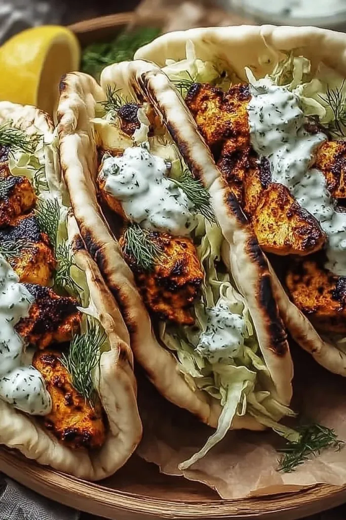 Sheet pan chicken pitas with herby ranch served on a platter