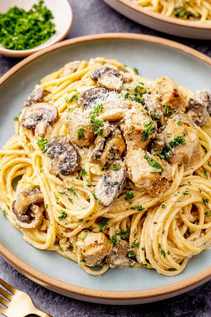 Delicious slow cooker creamy chicken pasta served in a bowl
