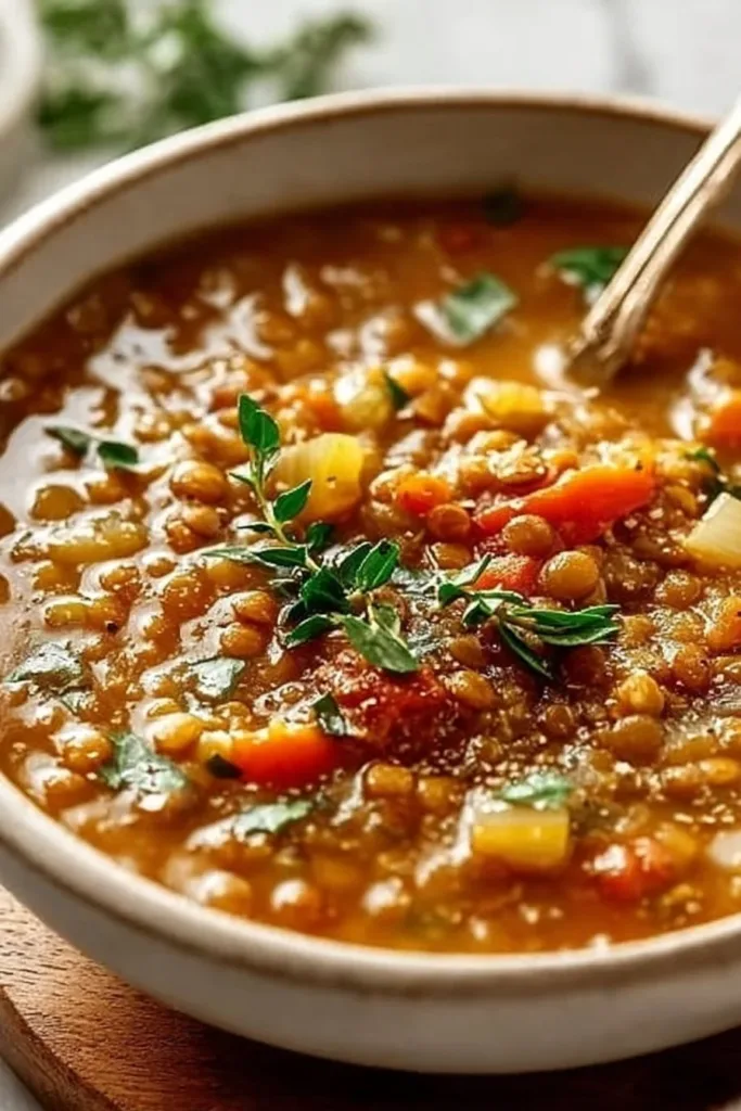 Bowl of slow cooker lentil soup garnished with herbs