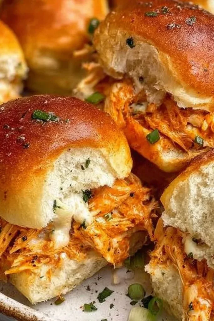 Plate of spicy buffalo chicken sliders topped with blue cheese and celery.