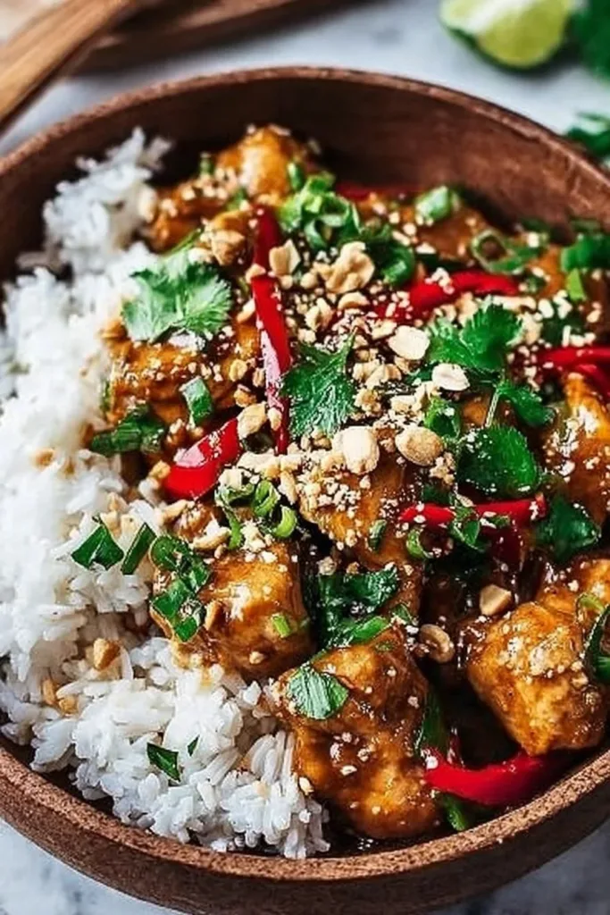 Delicious plate of spicy Thai peanut chicken served with garnishes