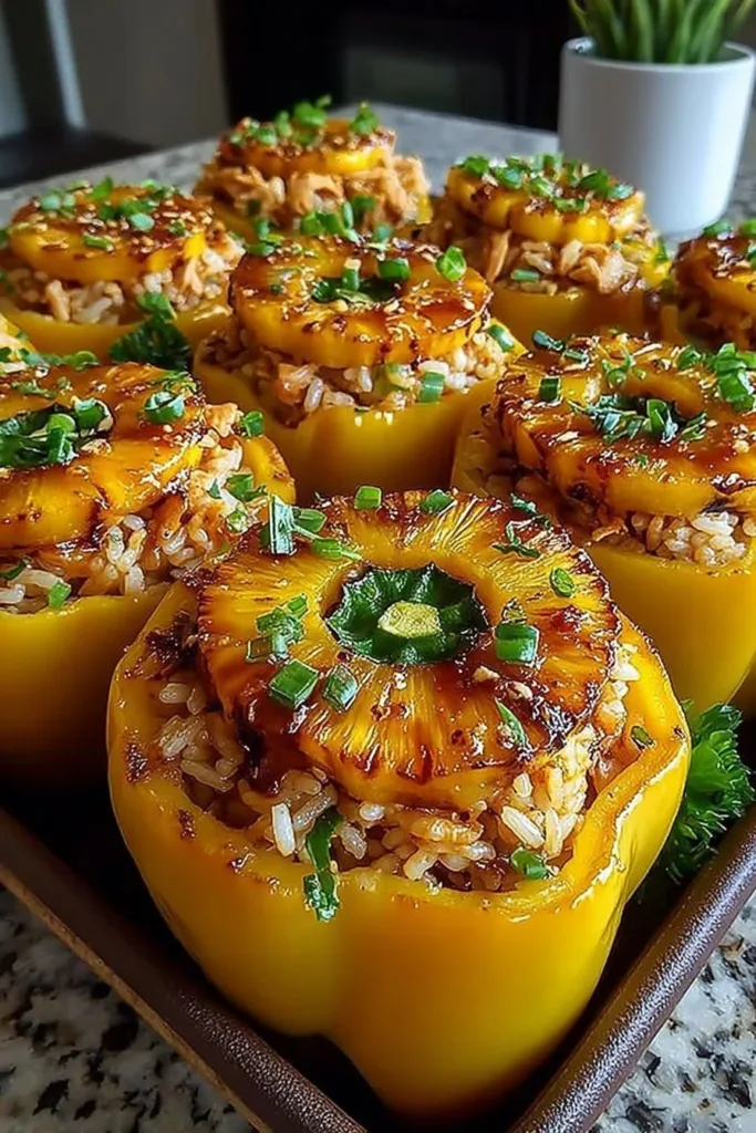 Teriyaki Pineapple Chicken and Rice Stuffed Peppers: A Sweet and Savory Meal 2 Teriyaki Pineapple Chicken and Rice Stuffed Peppers garnished with herbs