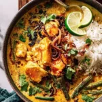 Delicious Thai-inspired chicken curry served with rice and fresh herbs