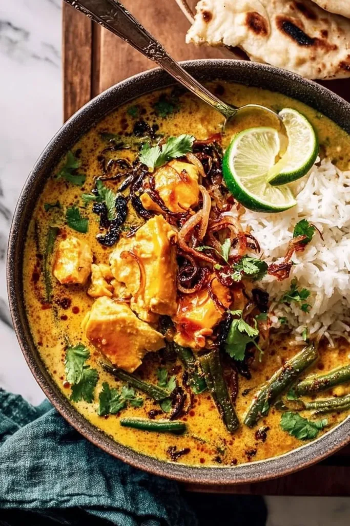 Delicious Thai-inspired chicken curry served with rice and fresh herbs