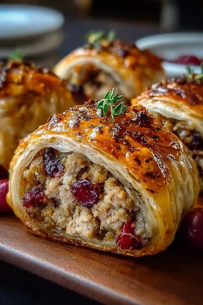 Turkey & Cranberry Sausage Rolls 2 Turkey and cranberry sausage rolls on a plate, delicious holiday appetizers