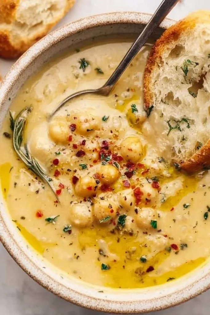 Bowl of Vegan Garlic Chickpea Soup garnished with herbs and spices.