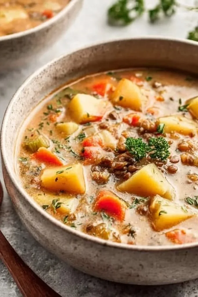 Bowl of vegetarian lentil soup topped with fresh herbs and spices