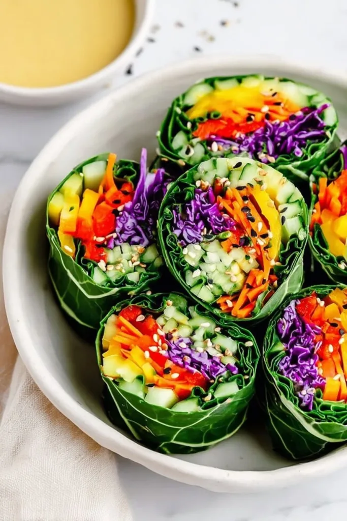 Colorful veggie wraps with ginger tahini dressing on a plate.