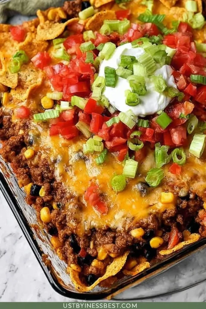 A tasty serving of Walking Taco Casserole topped with cheese and toppings