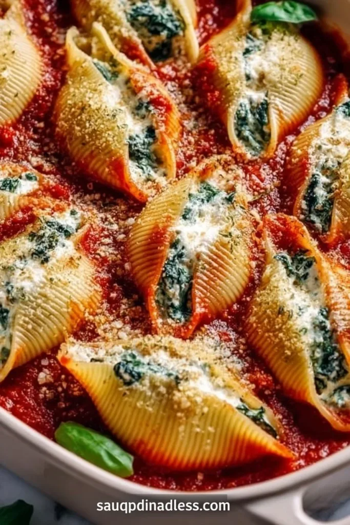 Plate of festive stuffed shells filled with cheese and herbs