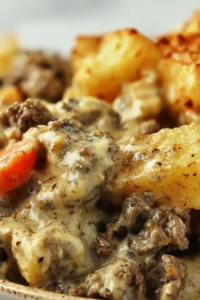 Alabama Style Hobo Casserole with layers of meat and veggies in a baking dish