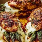 Deliciously prepared asparagus stuffed chicken breast on a plate.