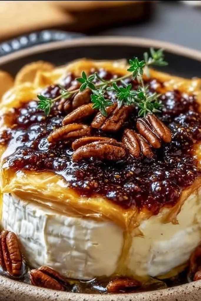 Delicious baked brie topped with fig jam ready to serve as an appetizer