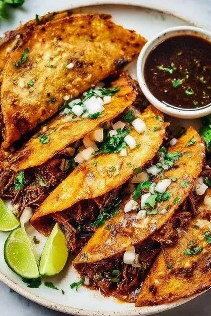 Delicious beef birria tacos garnished with fresh vegetables and herbs