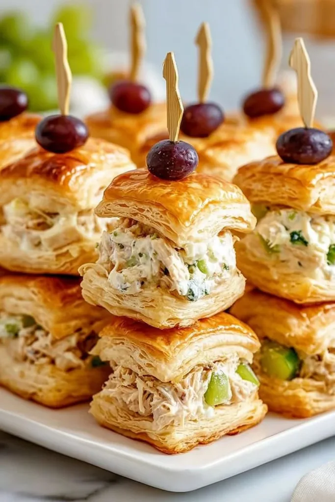 Delicious chicken salad puffs served on a platter with fresh herbs
