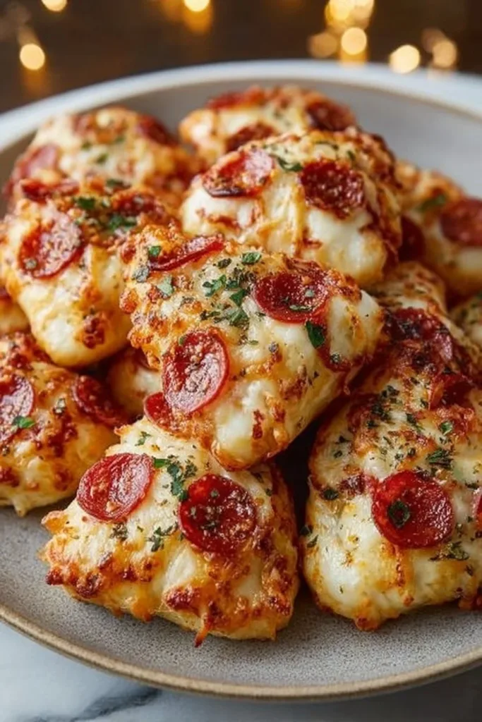 Delicious Christmas pizza bites served on a festive platter.