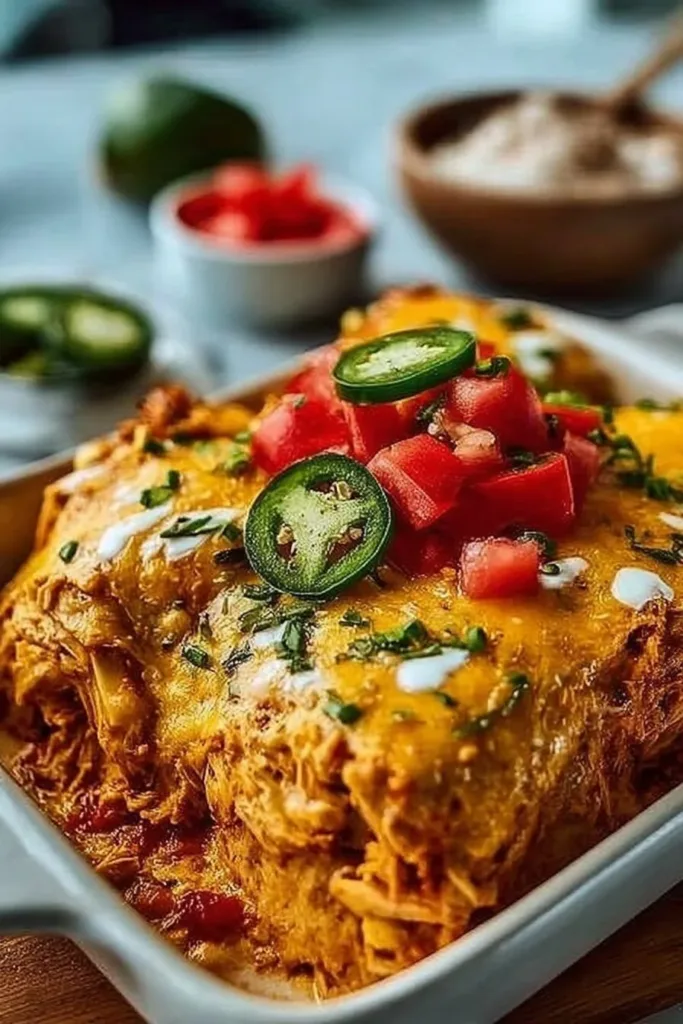 Delicious cheese smothered fajita casserole dish topped with melted cheese