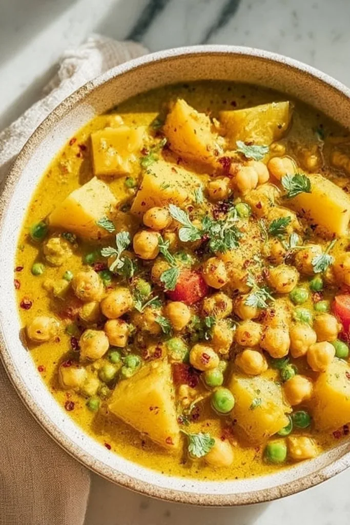 Bowl of amazing cozy chickpea potato curry with spices and herbs