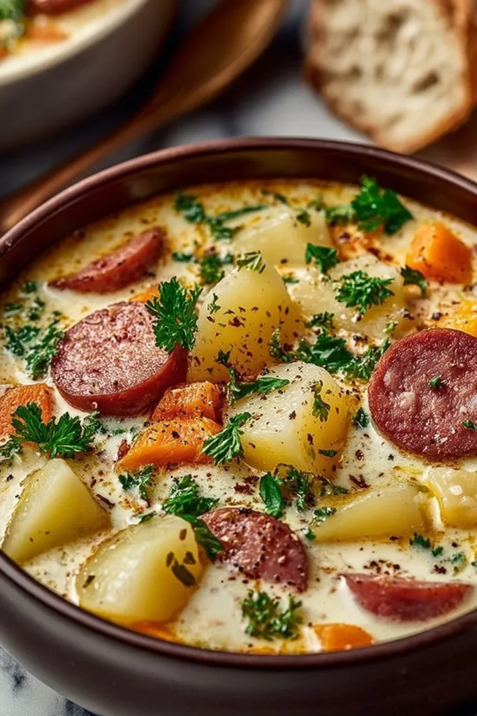 Delicious bowl of cozy sausage potato soup with fresh herbs and seasonings.