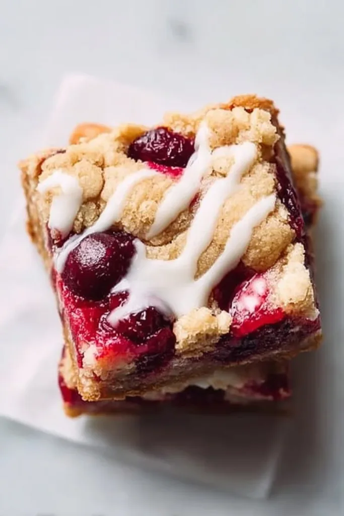 Delicious homemade cranberry crumble bars on a wooden table