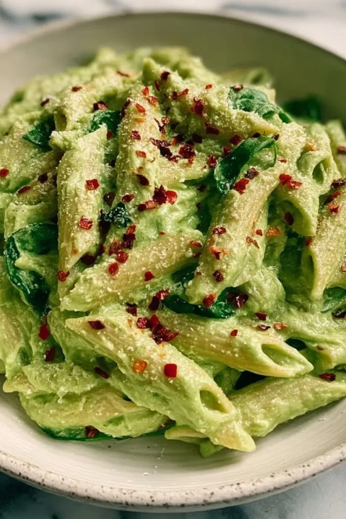 Delicious creamy avocado pasta garnished with fresh herbs and cherry tomatoes