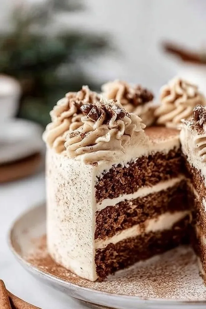 Moist Christmas spice cake with eggnog buttercream frosting on a festive table.