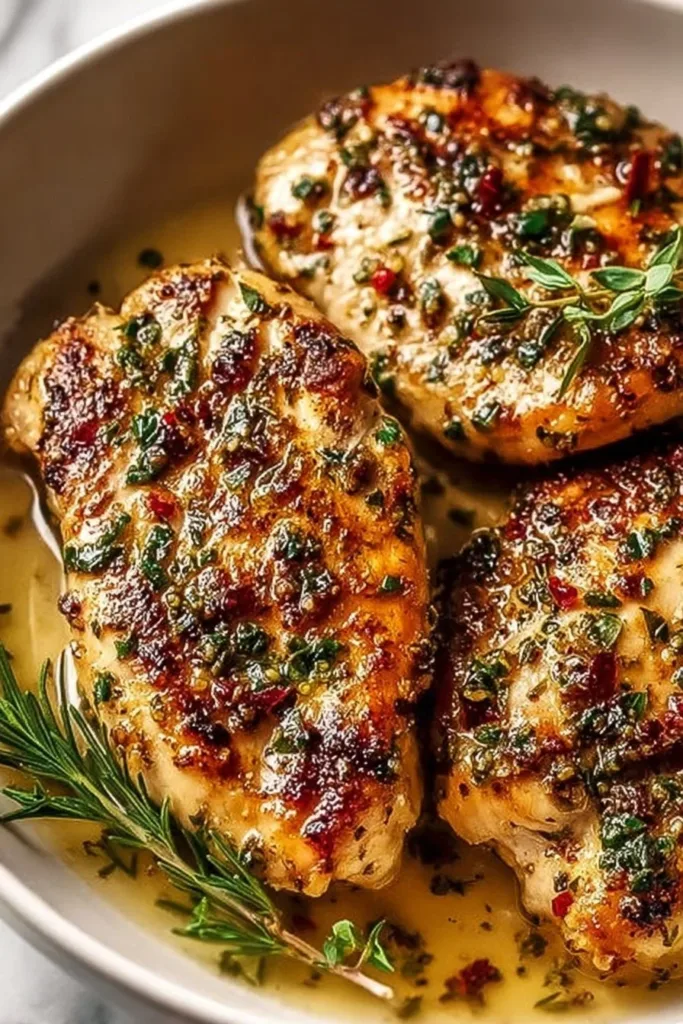 Amazing Pan Seared Chicken Recipe 2 Deliciously cooked pan seared chicken on a plate with herbs and spices.