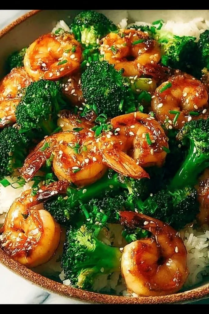 Delicious shrimp broccoli stir-fry served in a vibrant dish
