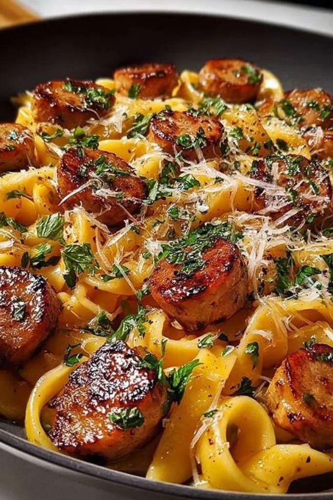 Delicious sticky honey garlic chicken pasta skillet with garnished herbs