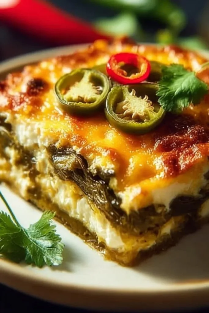 Delicious stuffed chile casserole served in a vibrant dish
