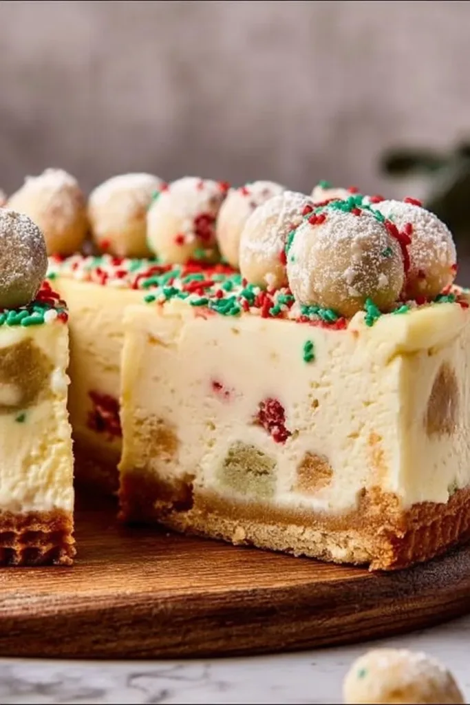 Delicious slice of sugar cookie cheesecake topped with rainbow sprinkles