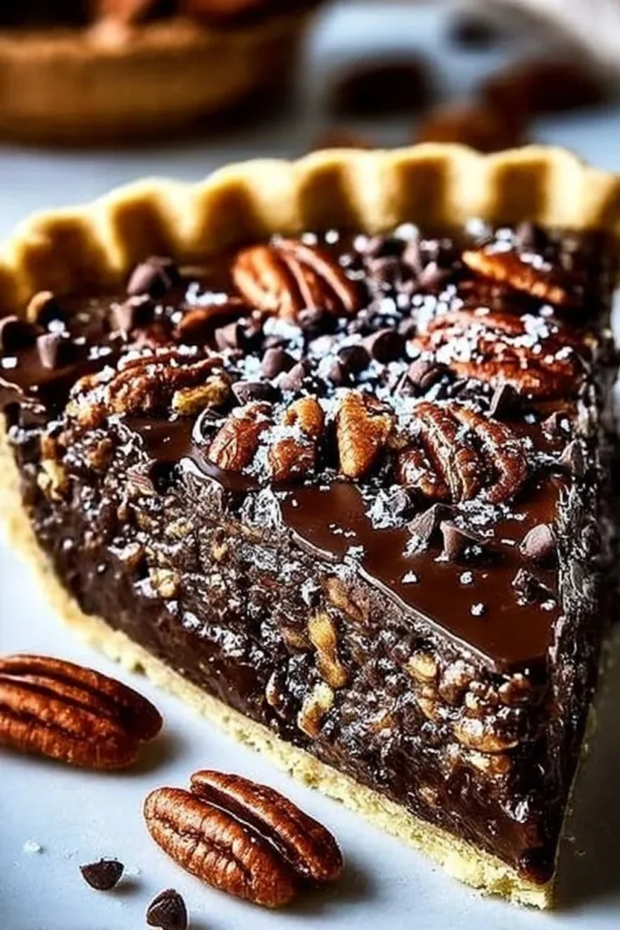 Delicious Texas Chocolate Pecan Pie topped with pecans and chocolate drizzle.