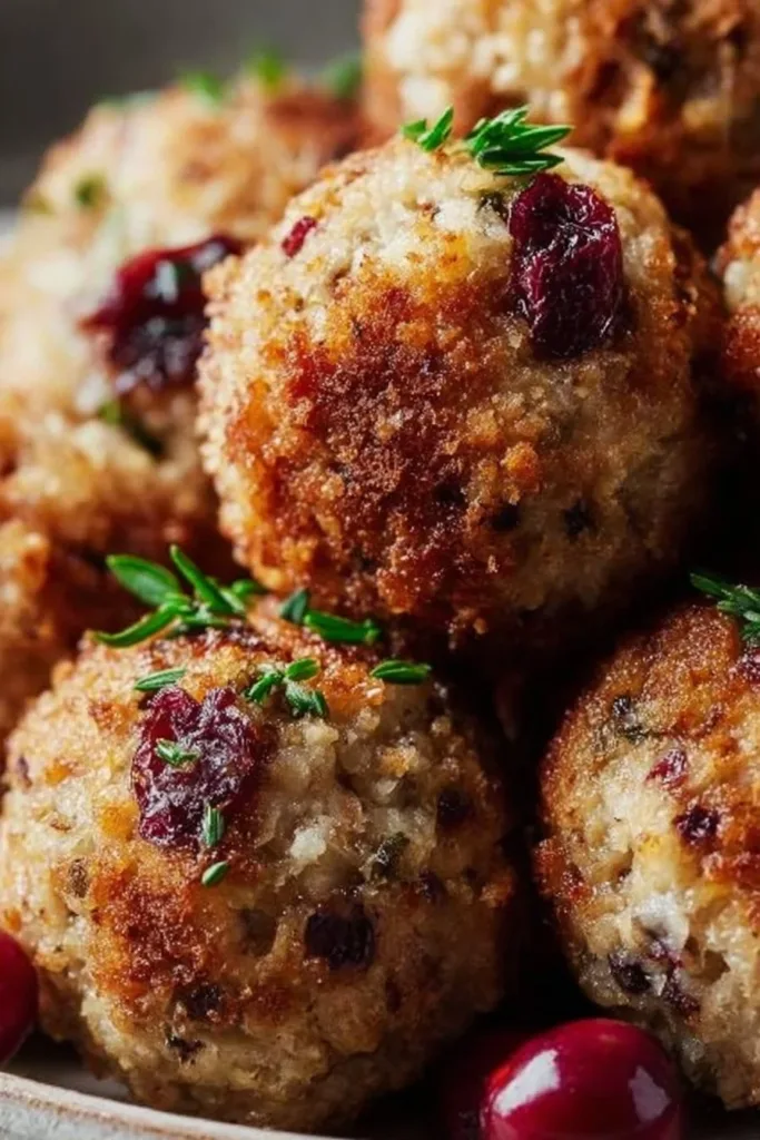 A plate of cozy Thanksgiving stuffing balls with herbs and spices