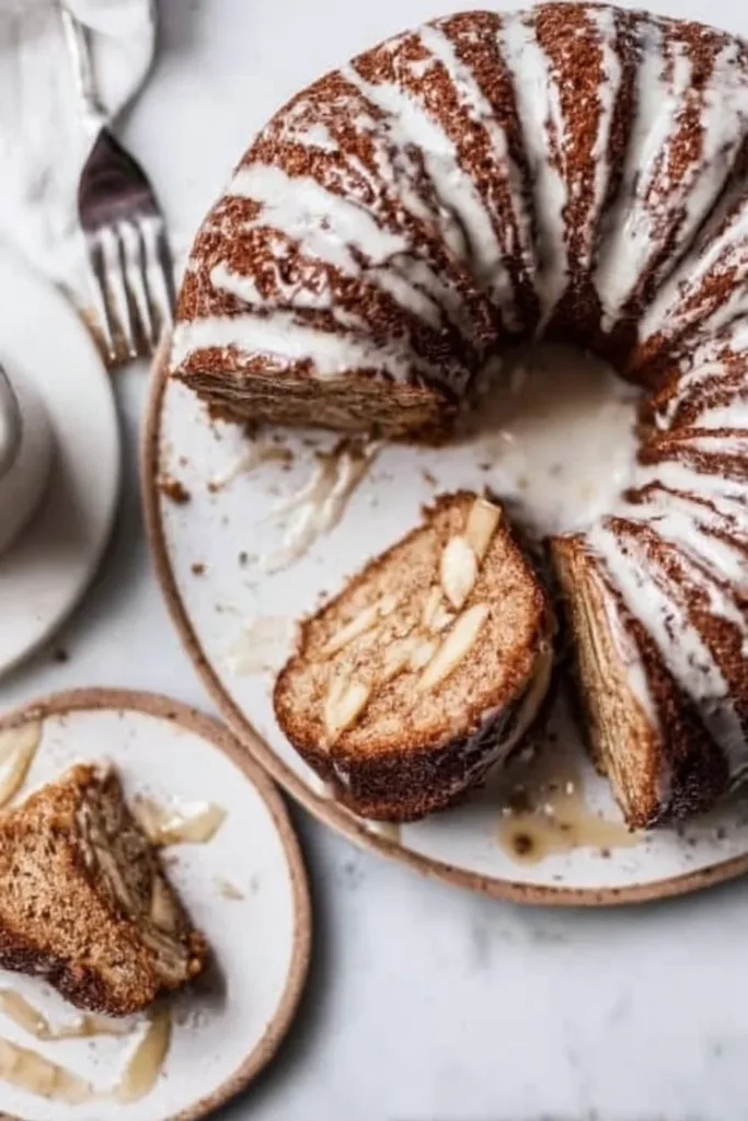 Apple Bundt Cake with Spiced Honey Glaze 2 Apple Bundt Cake drizzled with spiced honey glaze on a white plate
