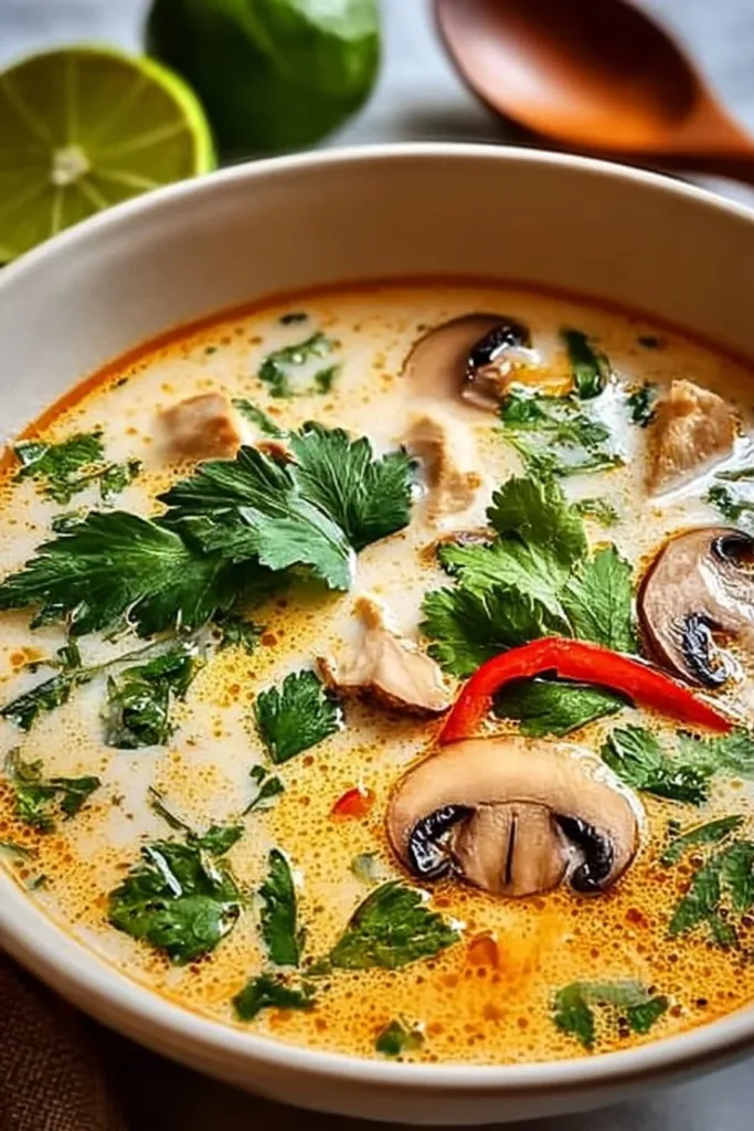 Bowl of authentic Tom Kha Gai soup with chicken and herbs