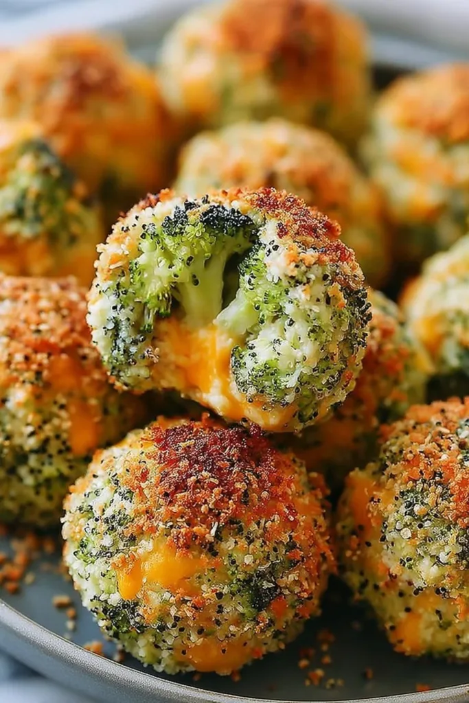 Baked Broccoli Cheese Balls 2 Baked broccoli cheese balls fresh out of the oven, golden brown and crispy.