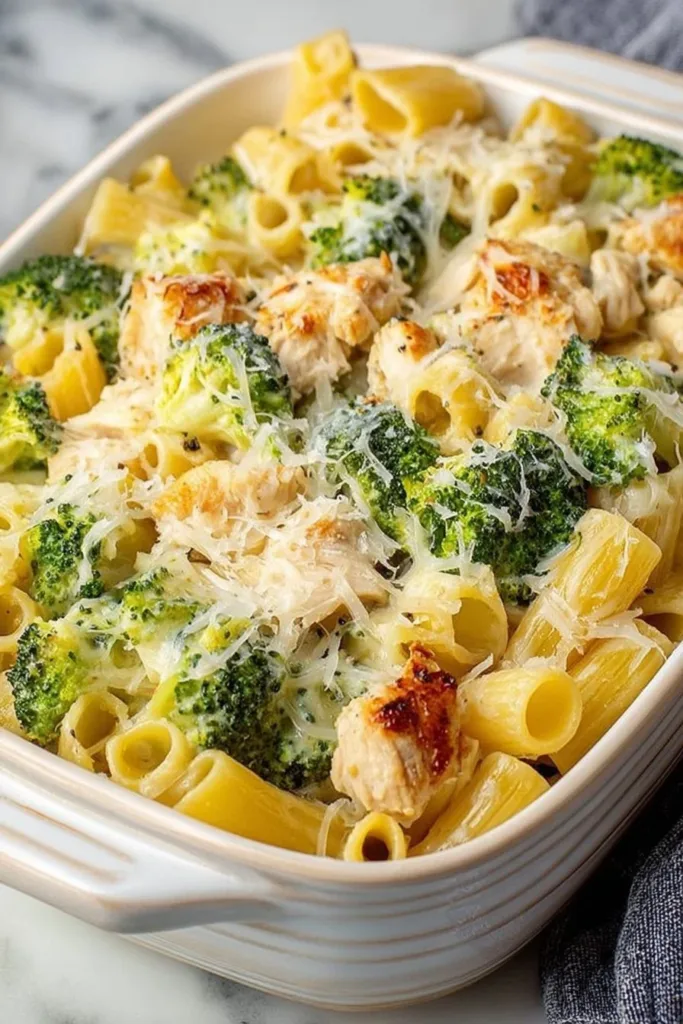 Baked chicken and broccoli pasta in a serving dish garnished with herbs