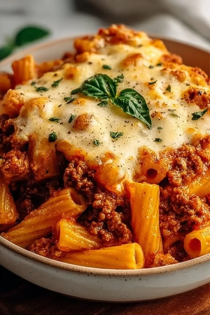 Baked ziti with ground beef topped with melted cheese, served in a baking dish.