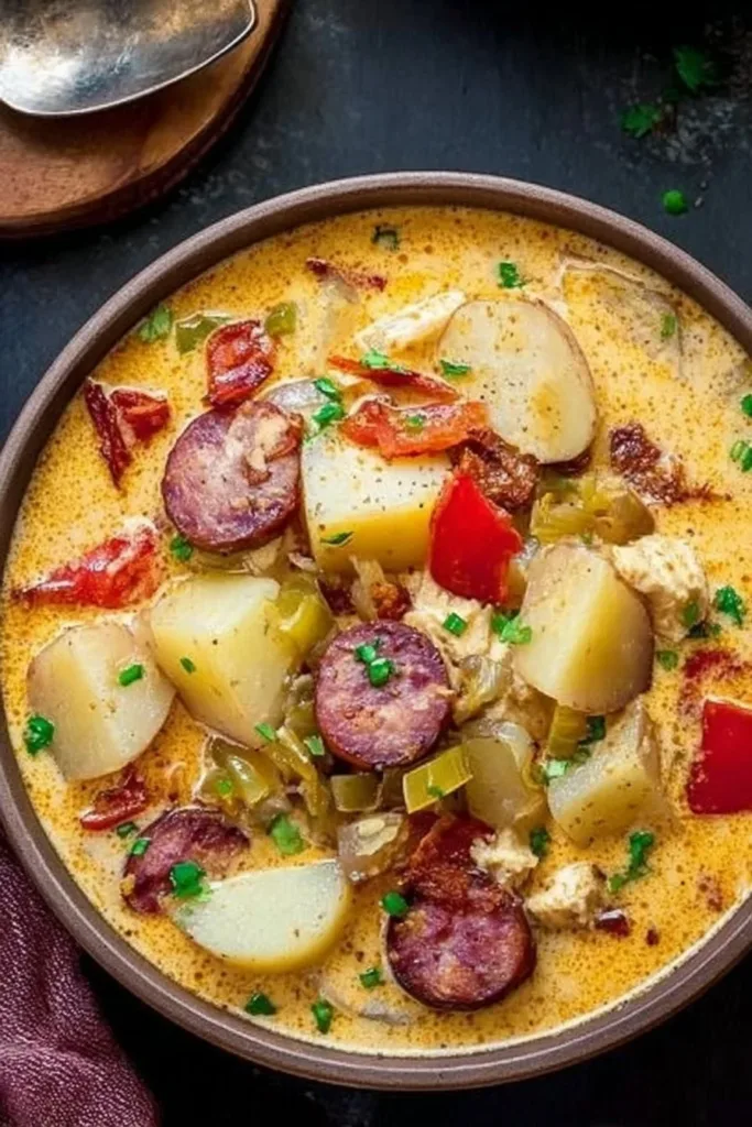 A warm bowl of Cajun Potato Soup garnished with herbs